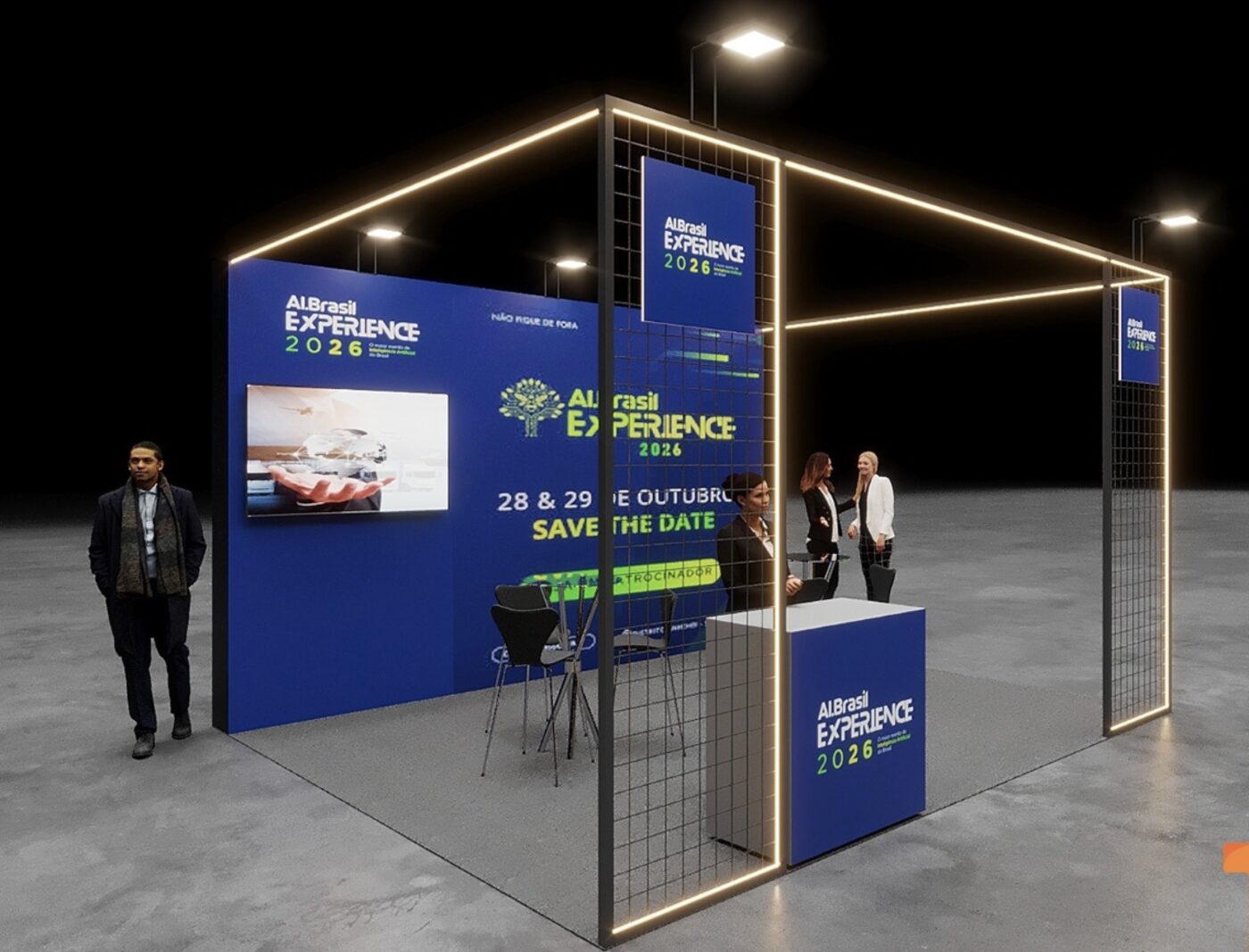 Modelo de estande Pro de 20 m² para o AI Brasil Experience 2026.