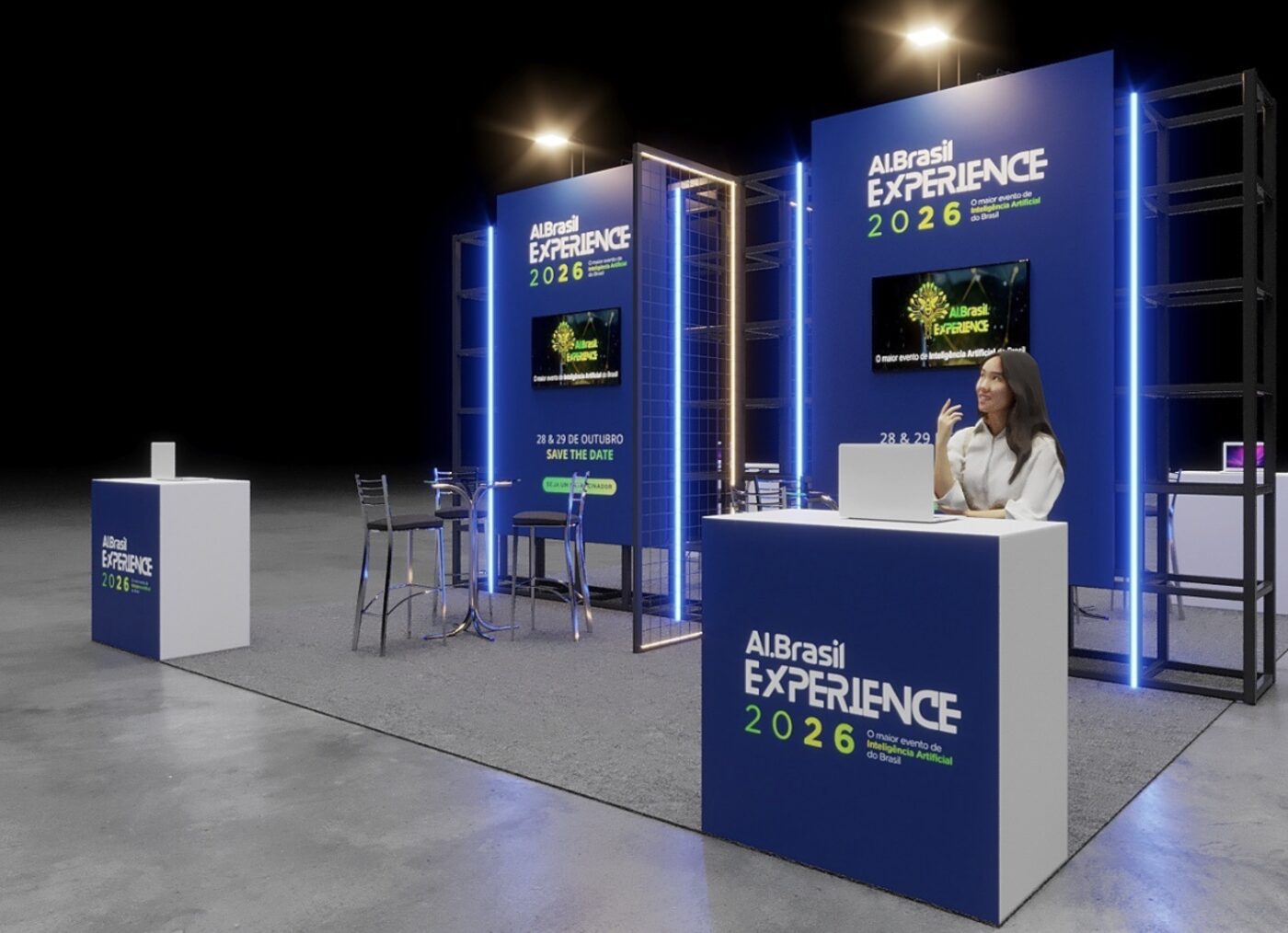 Modelo de estande Seed de 9 m² para o AI Brasil Experience 2026.