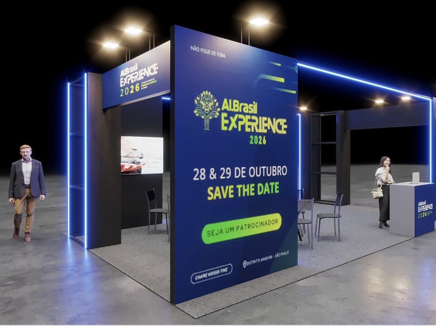 Modelo de estande Pro de 40 m² para o AI Brasil Experience 2026.